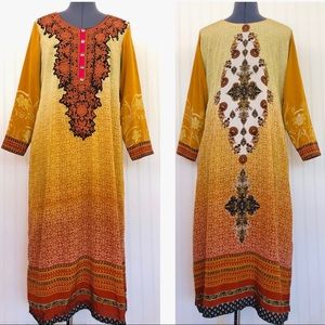 Vintage Indian Dress Kurta Colorful Unique Pattern Silky Geometric Paisley Asian